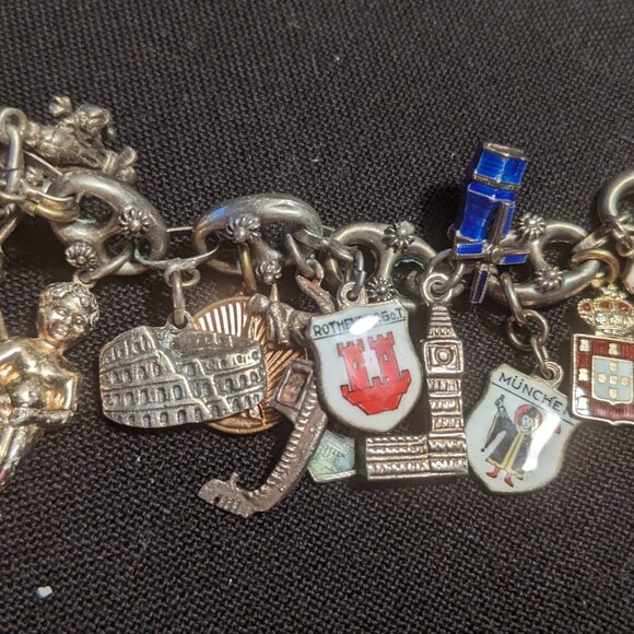 Sterling Silver Charm Bracelet 27 Sterling Charms Travel 64.8 Grams 7.5" Vintage - Picture 11 of 16
